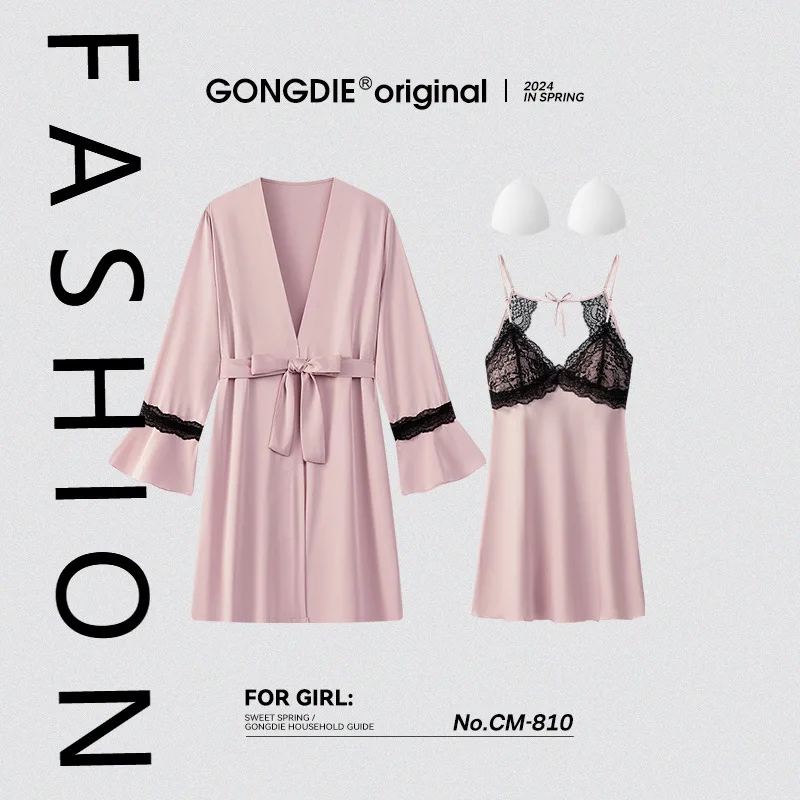 

Пижамы на подтяжках, женские весенне-осенние тонкие халаты из ледяного шелка, комплект из двух предметов, летняя сексуальная ночная рубашка с чистым желанием и грудью