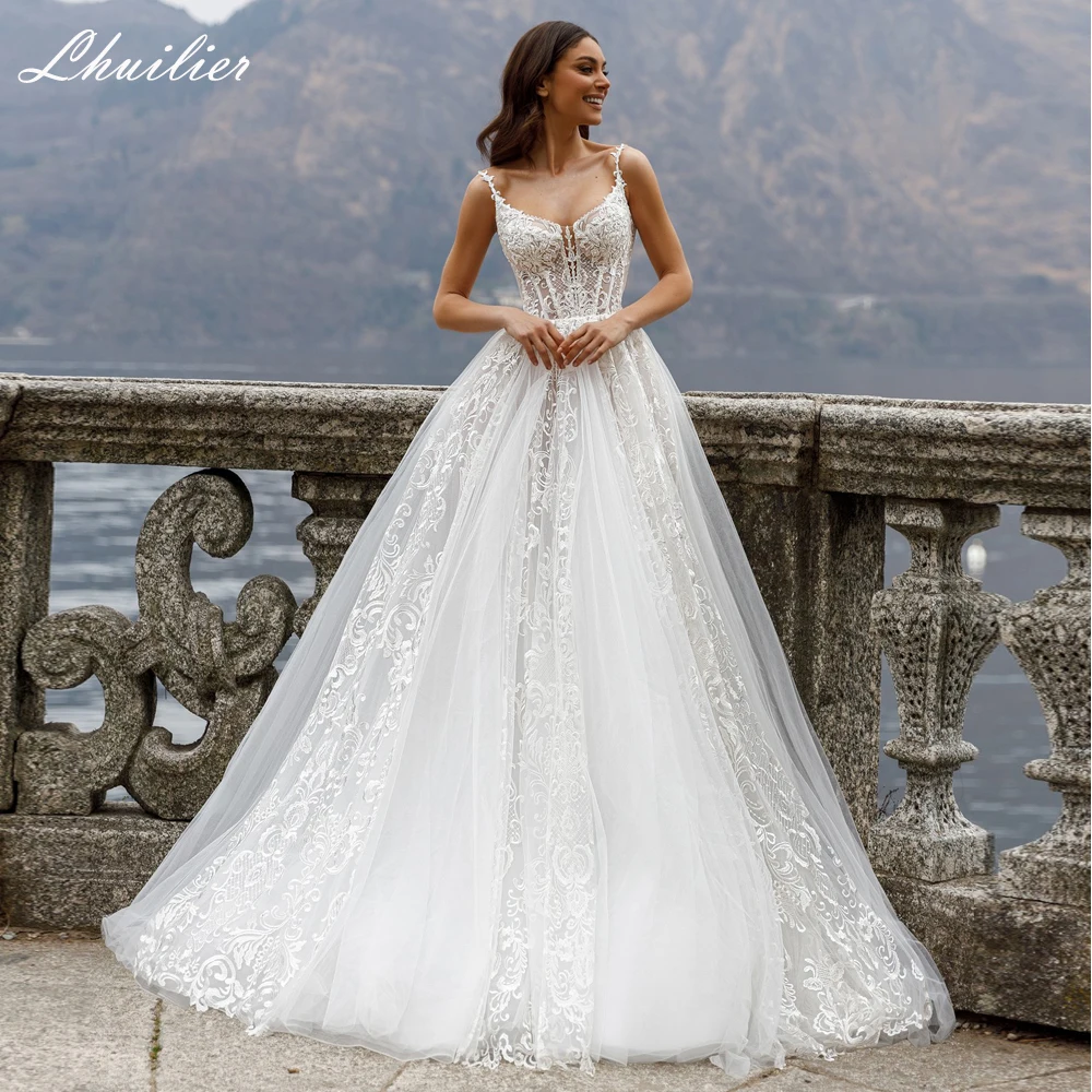 Lhuilier A Line Scoop Neck Tulle Wedding Dresses Sleeveless Lace Bridal Gowns with Court Train (Support Customization)