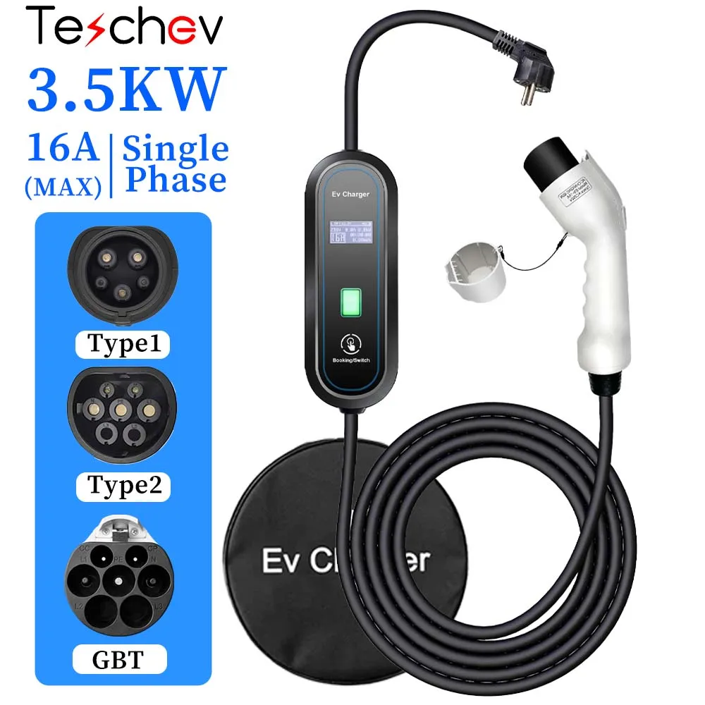 Teschev Protable EV Charger 16A 3.5KW GBT Car Charger Type 2 IEC62196-2 Car Charging Accessories Type 1 J1772 EV Charger Station