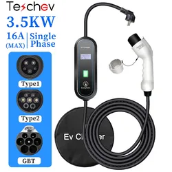 Teschev Protable EV Charger 16A 3.5KW GBT Car Charger Type 2 IEC62196-2 Car Charging Accessories Type 1 J1772 EV Charger Station