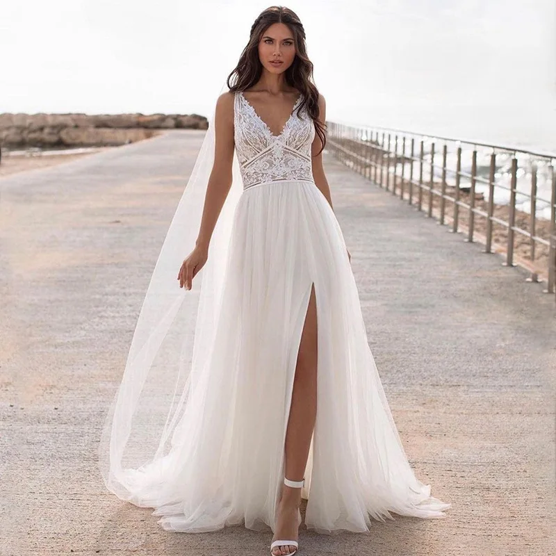 Customized Fashion BOHO Women Wedding Dresses A Line Tulle Side Slit Bridal Gowns Formal Vestido De Noiva robe de mariée