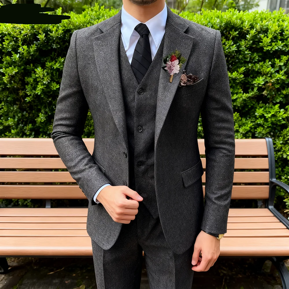 

Men's Tweed Marrom Terno de Casa, Smoking, Lapela, Tweed Material, 3 Pcs