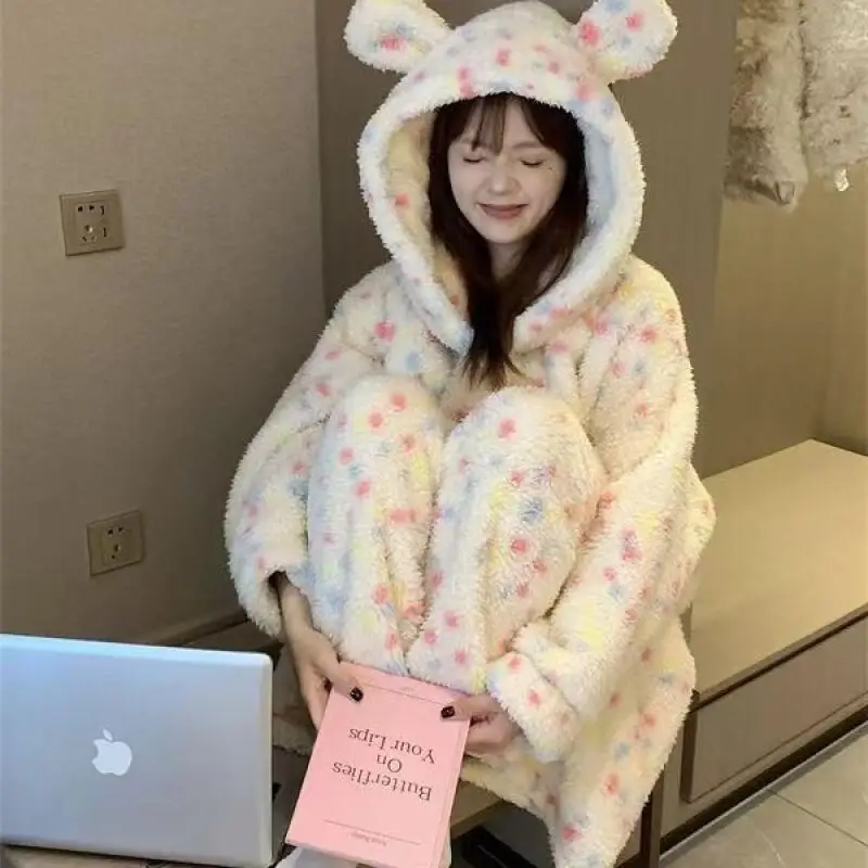 

Women's Bath Robe Pajamas Plus Size Coral Fleece Long Thick Bathrobe Autumn Winter Warm Cozy Home Wear Shawl Collar Loungewear