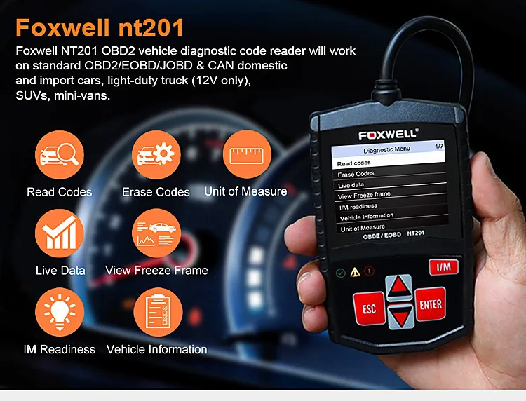 Электрический сканер кодов Foxwell NT201 OBD2, автомобильный сканер неисправностей с блоком питания, тестер двигателя, диагностический анализатор потока данных для
