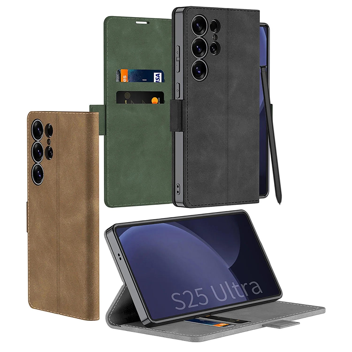 

Luxury Plating Frosted Leather Case For Samsung Galaxy S25 S24 Ultra Flip Wallet Stand Hard Back Cover For Galaxy S23 Ultra Case