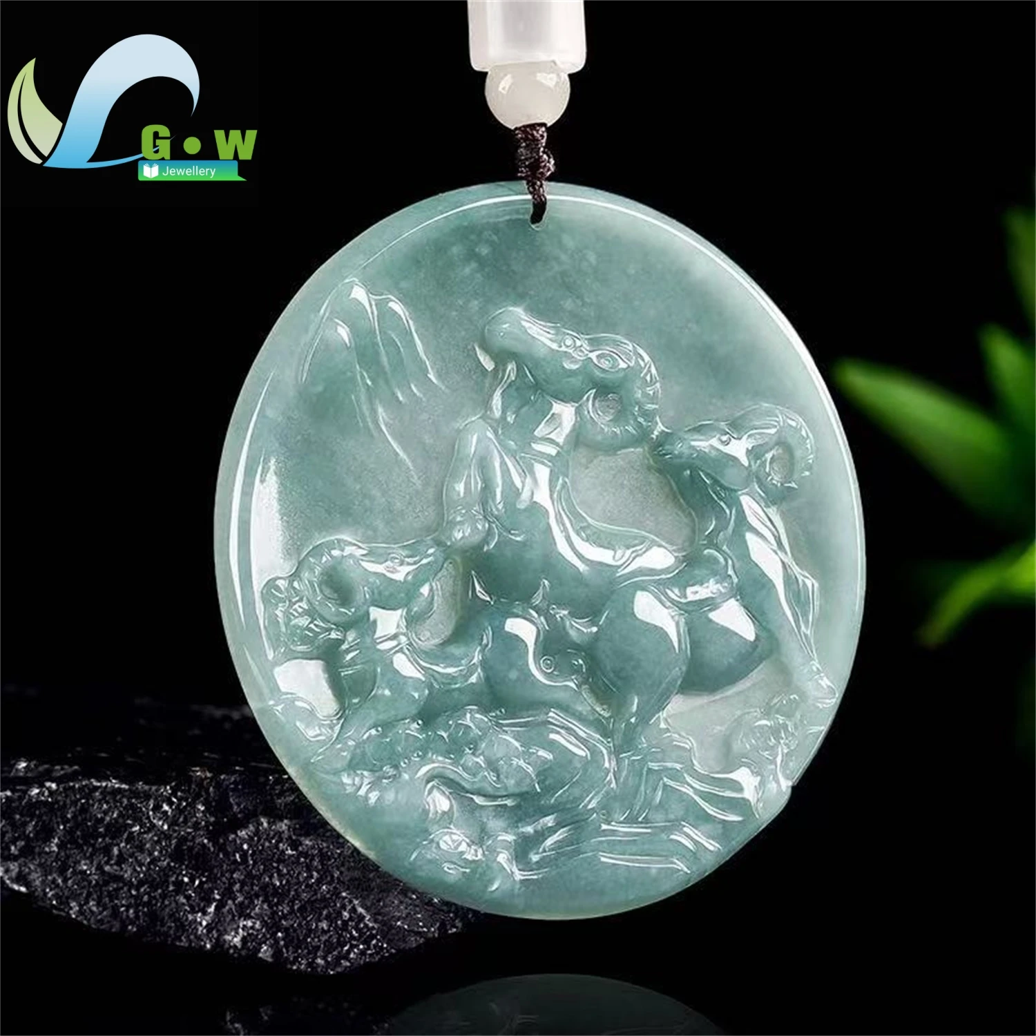 Natural A Grade Jadeite Blue Water Three Goats Talisman Pendant Icy Hanging Ornament Unisex Ethnic Style Jewelry Gift