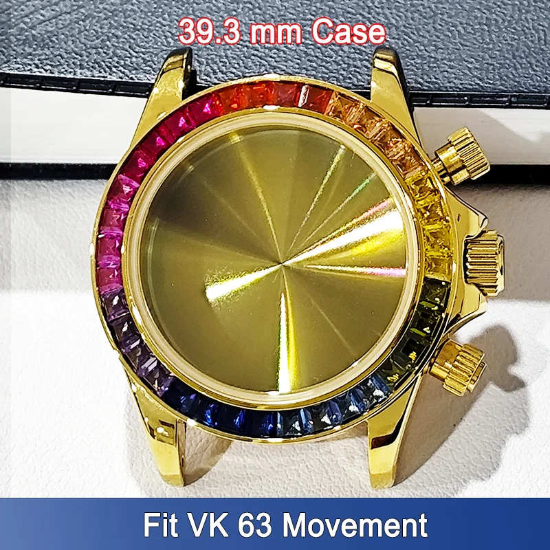 Top 39.3mm Watch Case Fit VK 63 Colorful Diamond Bezel Within 190*20mm Wristwatch Watches Band Strap Silvery Rose Golden Cases