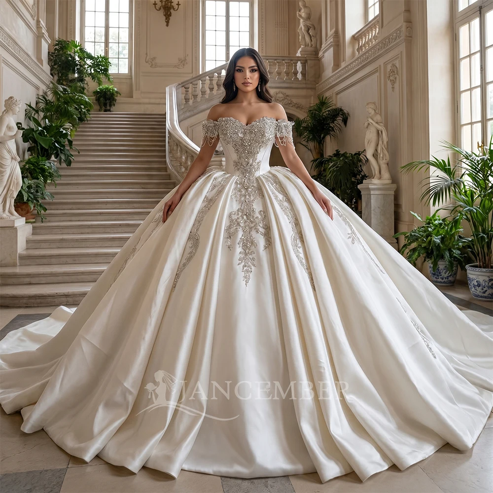 

Customized Brand New Wedding Dresses Short Sleeves Sequins Beads Sheer Neck Glitter Satin Bride Gown vestidos de novia boda