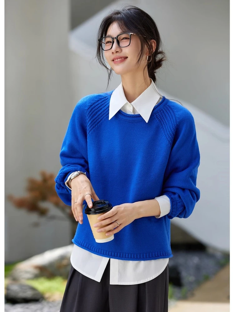 

VIMLY Women's Knitting Sweater Autumn 2025 Blue Floral Crochet Cuff Pullovers Casual Round Neck Long Sleeve Pull Femmes 75068