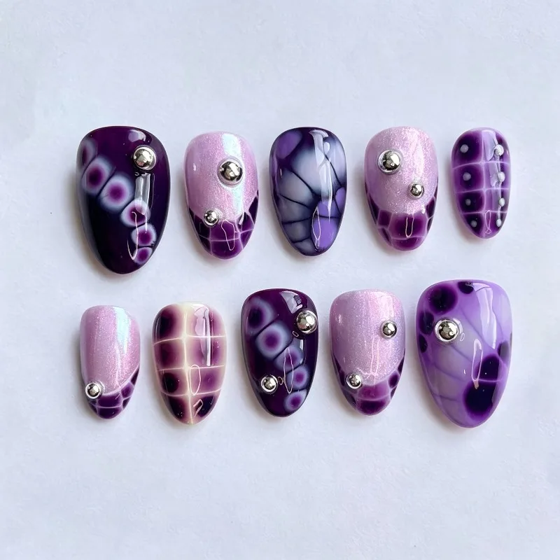 30Pcs Press-On Nails Purple Leopard Print Cat-Eye Almond-Shaped Fully Rhinestone-Embellished French Nails—Perfect for Girls