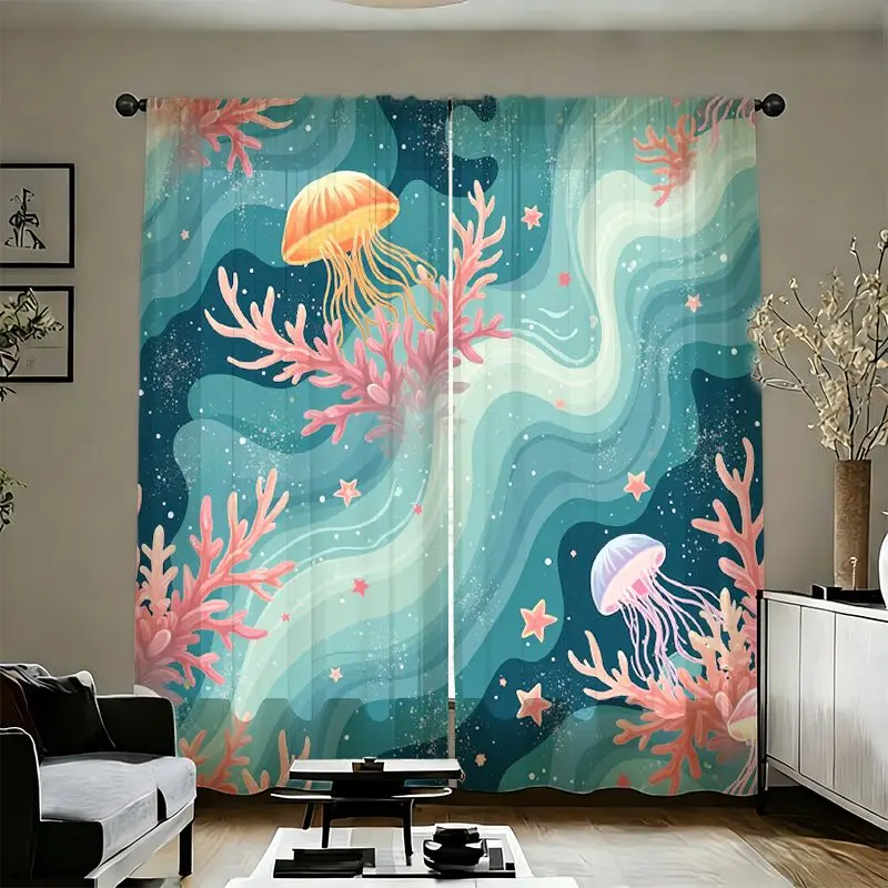 2pcs Jellyfish Coral Curtains Underwater Sea Life Print Sheer Drape Living Room Bedroom Window Treatment Home Decor