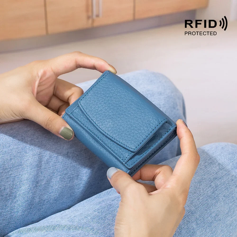 Couro genuíno moda pequena carteira feminina bolsa de moedas curto titular do cartão rfid carteiras para mulheres portfel damski