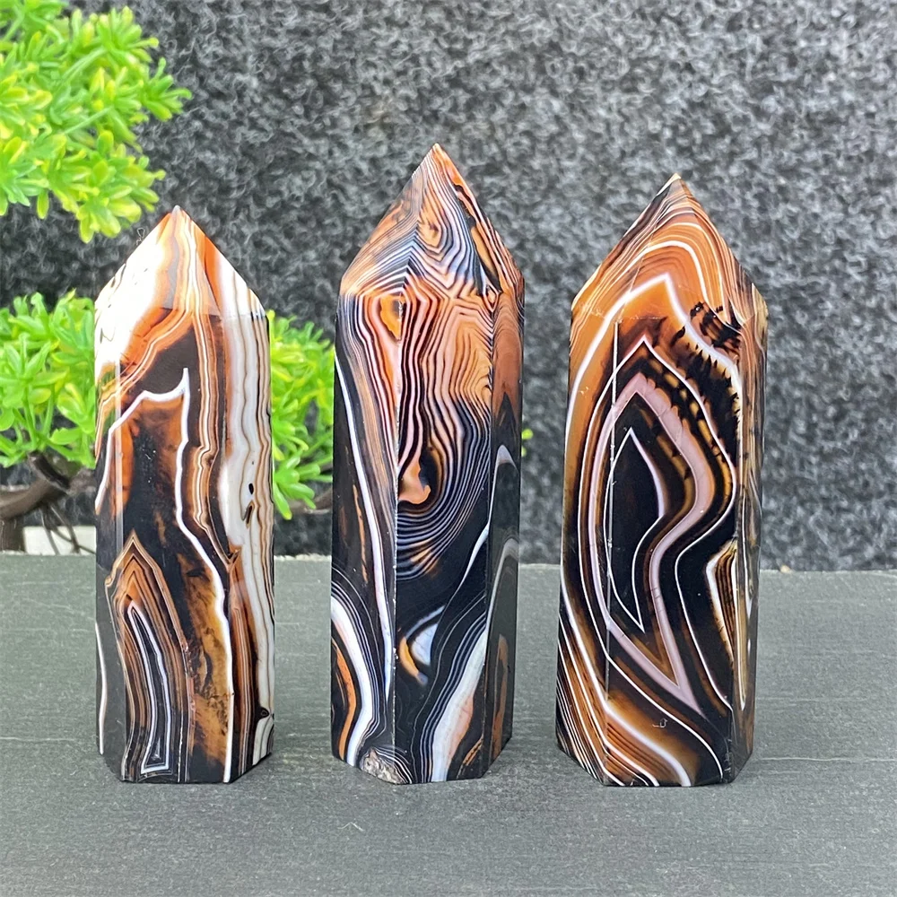 Natural Mineral Black Agate And Red Agate Striped Crystal Tower Symbiont Shi Ying Obelisk Home Decoration Ornaments