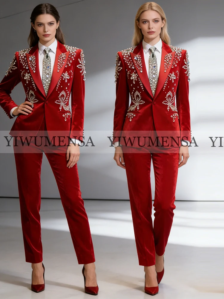 

Элегантный бархатный костюм с бисером и камнями для женщин, нарядный комплект из 2 предметов для вечеринок и выпускных, индивидуальный пошив, платье для матери невесты, праздничные наряды для дам