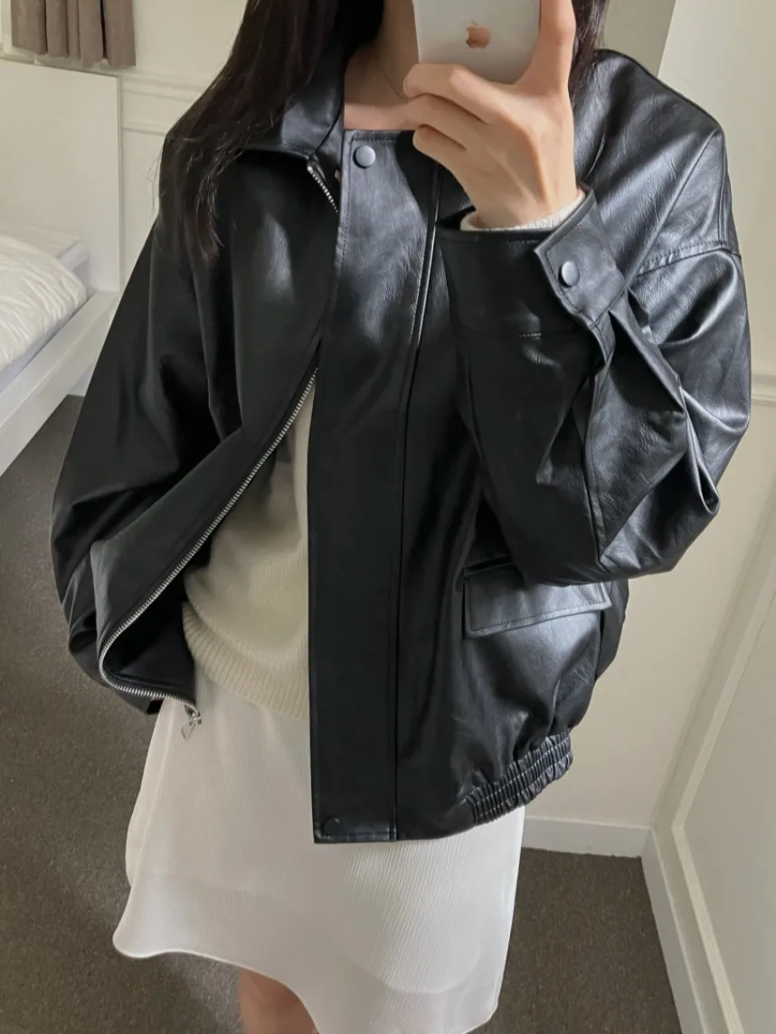 シックな秋のヴィンテージ風ルーズフィットジッパー付きPUレザーバイカーカジュアルジャケット レディースファッション通勤スリーブロングスリーブカラー