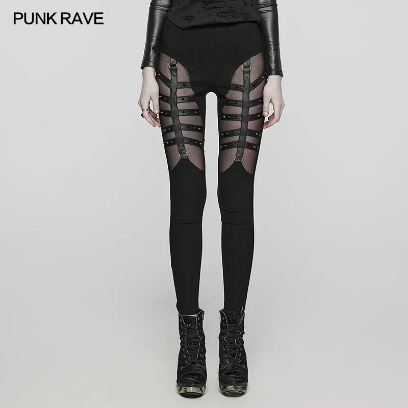 PUNK RAVE Women's Punk Elastic Twill Woven Hollow Leggings Split Slim Sexy Pants Women Clothing Spring/Auntumn