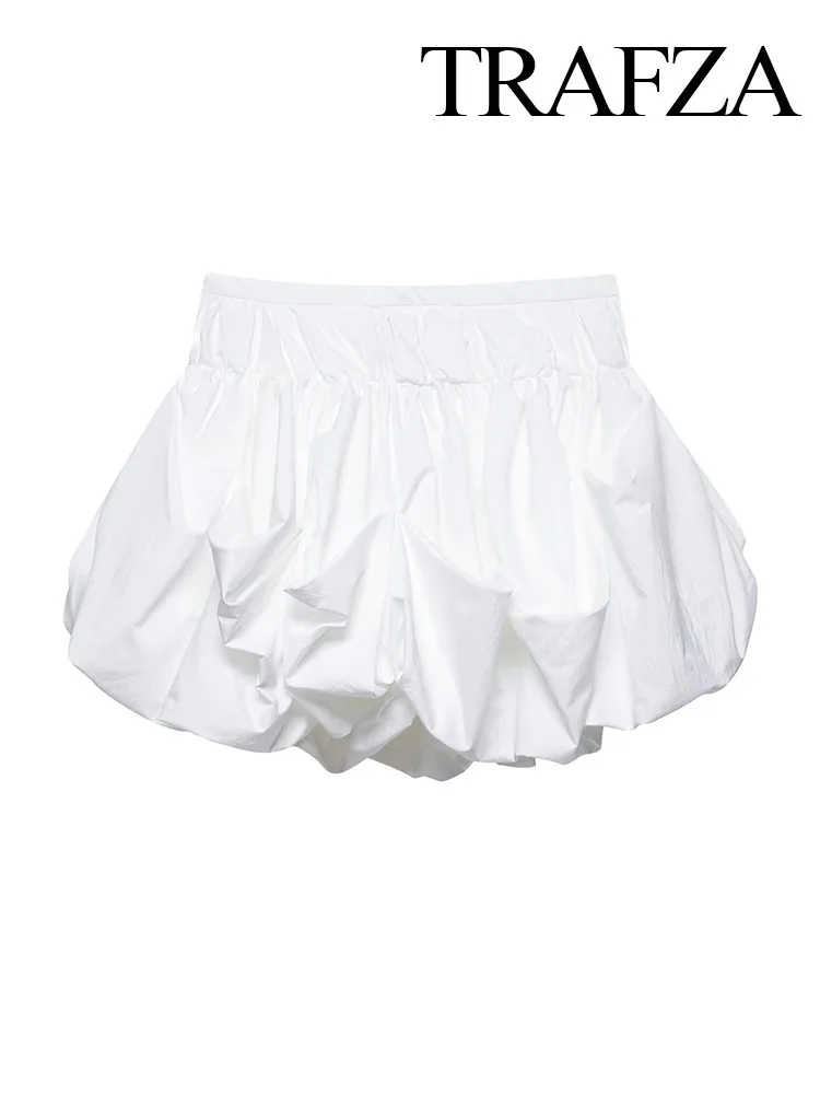 TRAFZA Woman Summer Fashion Chic White Solid Casual Balloon Version Mini Skirt Women's Slim High Waist Side Zipper Short Skirt
