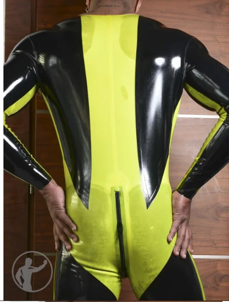 NEU 100% Latex Rubber Gummi Uniform Catsuit Ganzanzug Suit Black&Yellow