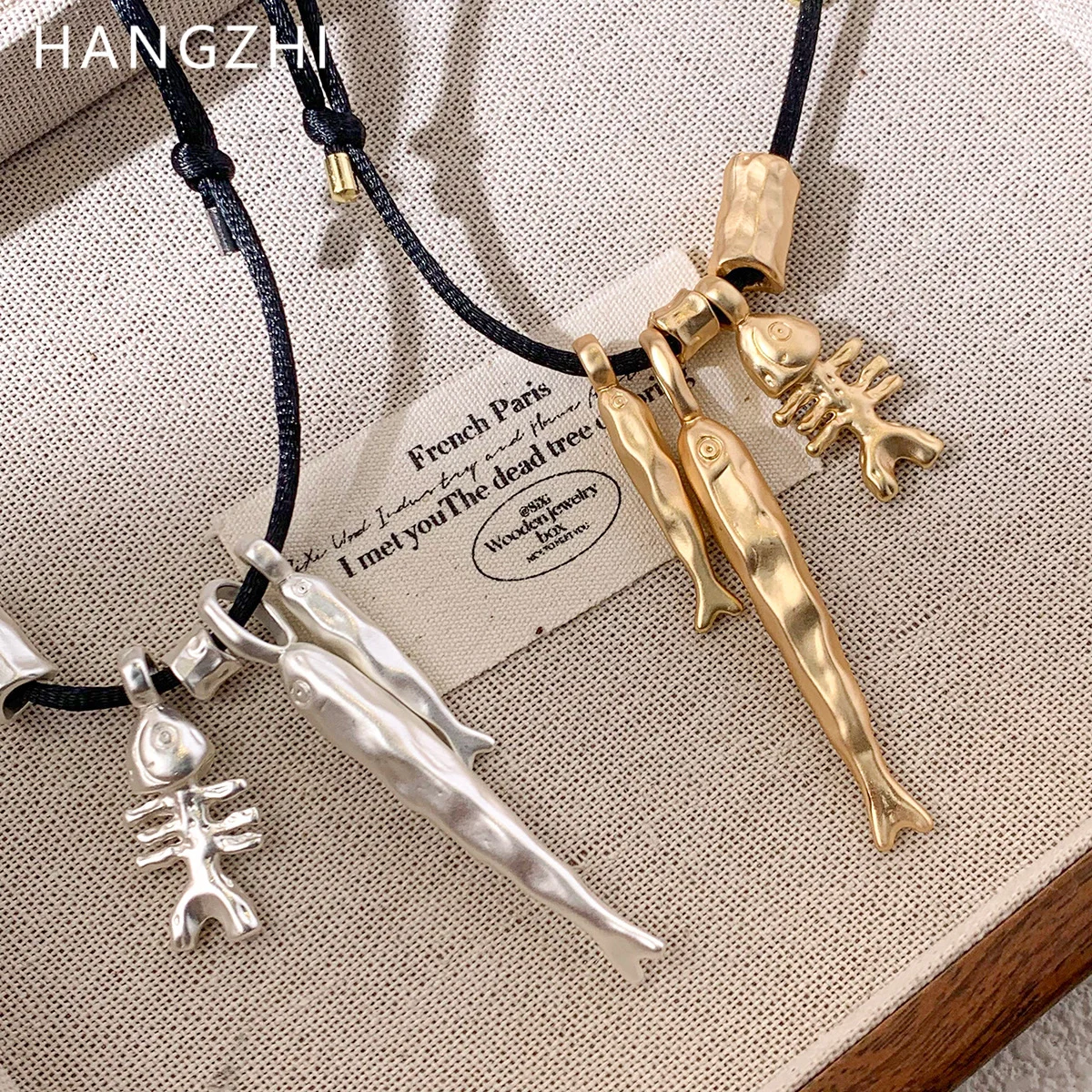 HangZhi New Small Fish Bone Leather Rope Long Necklace Stackable Adjustable Sweater Chain Matte Large Jewelry for Women