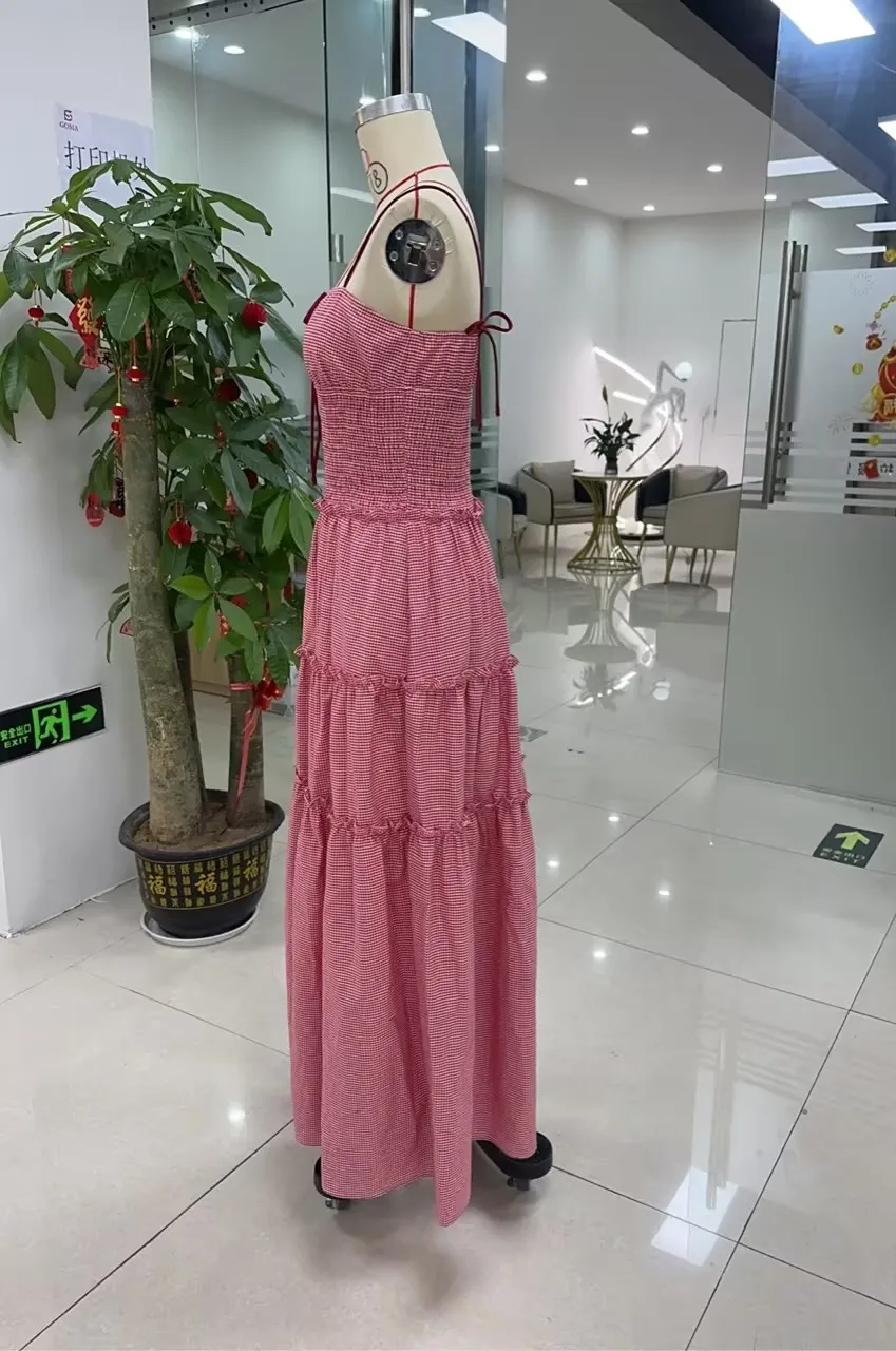 Women's Summer Long Cami Dress Sleeveless Open Back Tiered Striped Tie-up Strap Beach Dress