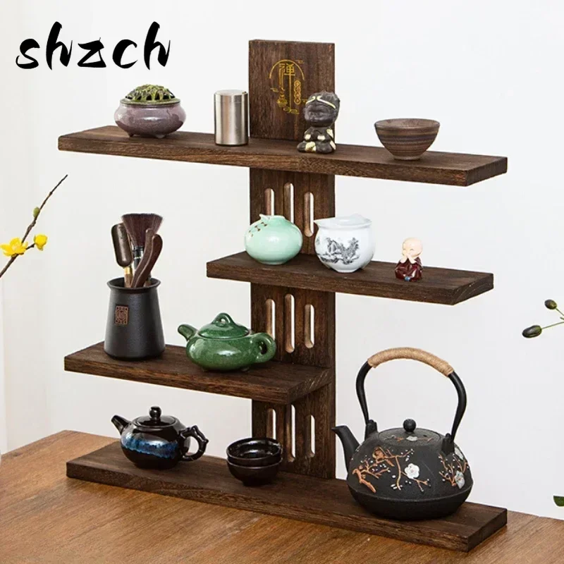 

Chinese Style Retro Desktop Storage Holders Wooden Small Tea Cup Teaset Purple Clay Pot Display Shelf, Antique Stand, 3-4 Layers