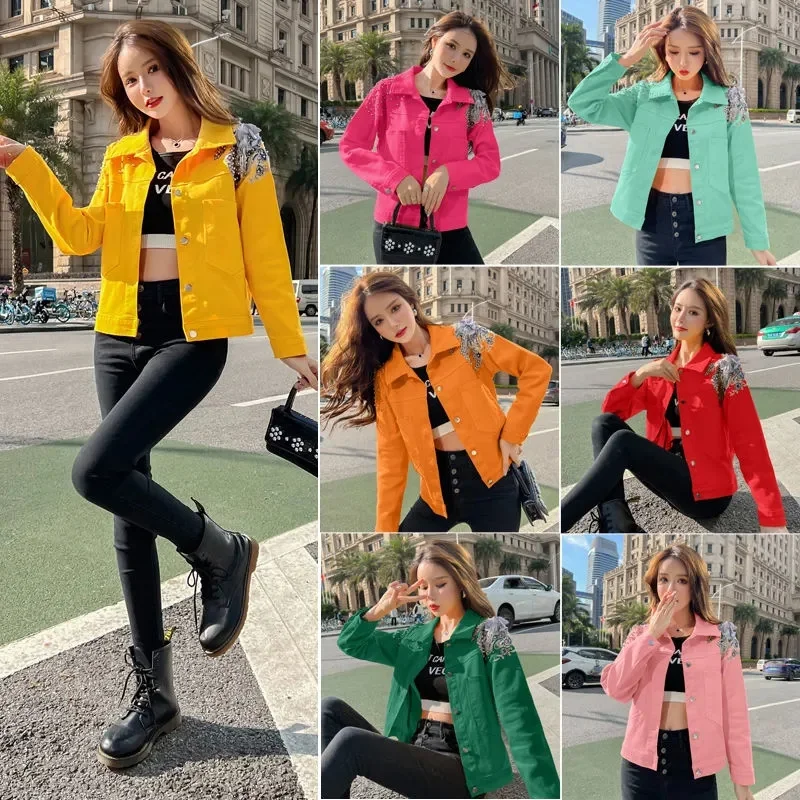 Chaqueta vaquera corta con remaches para mujer, abrigo de estudiante, color caramelo, rosa, rojo, amarillo, verde, rosa, Top suelto, 2023