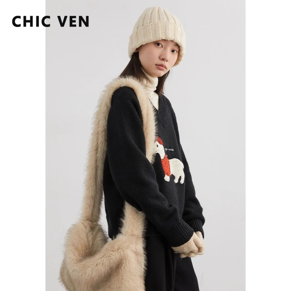 

CHIC VEN Women Sweaters Korean Loose V-neck Dog Embroidered Knitted Pullovers Female Casual Jumpers Autumn Winter New 2025