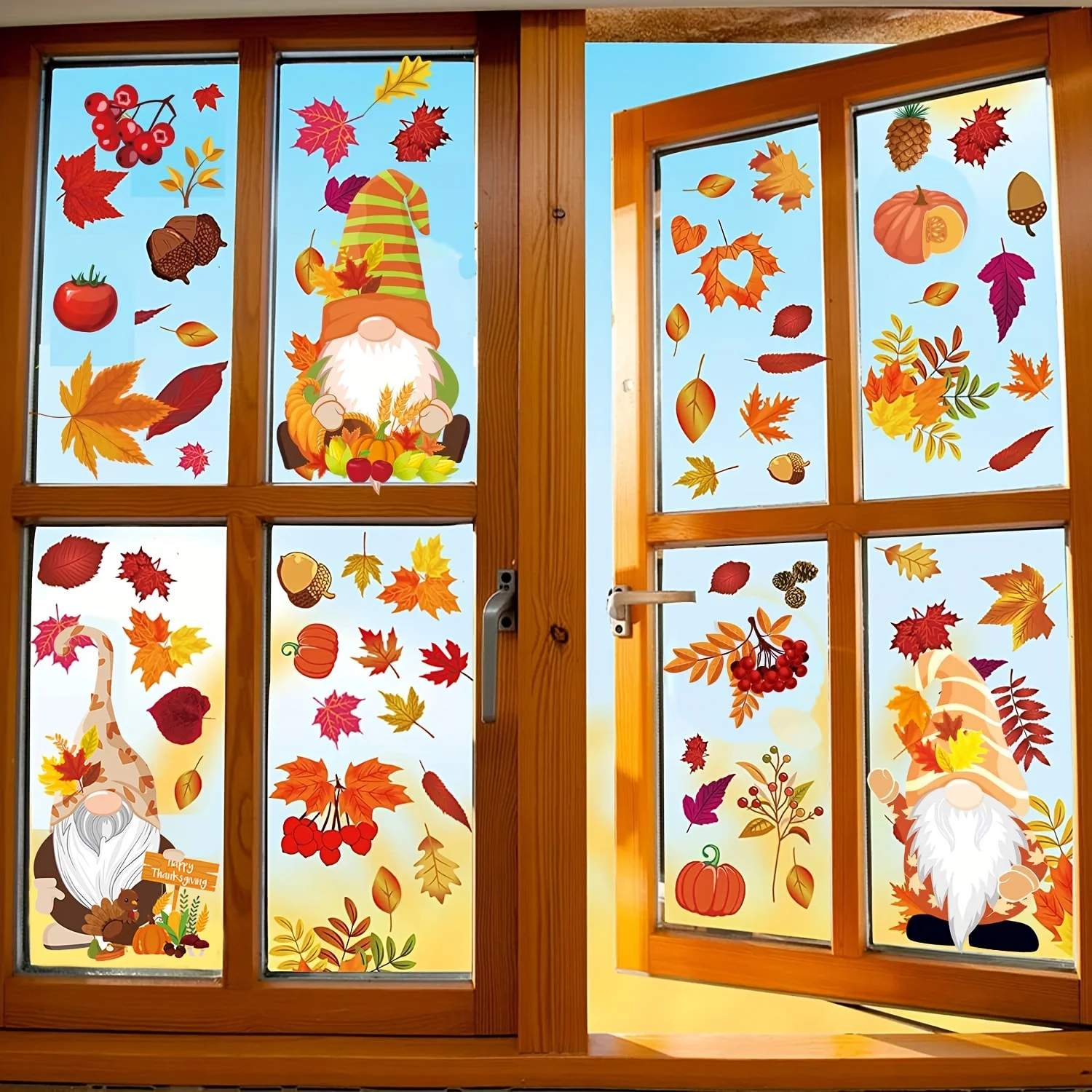 Thanksgiving Autumn Decoration Window Stickers,Self-adhesive Decorations Glass Window Pictures Autumn Leaves and dwarves Sticker - Image 3