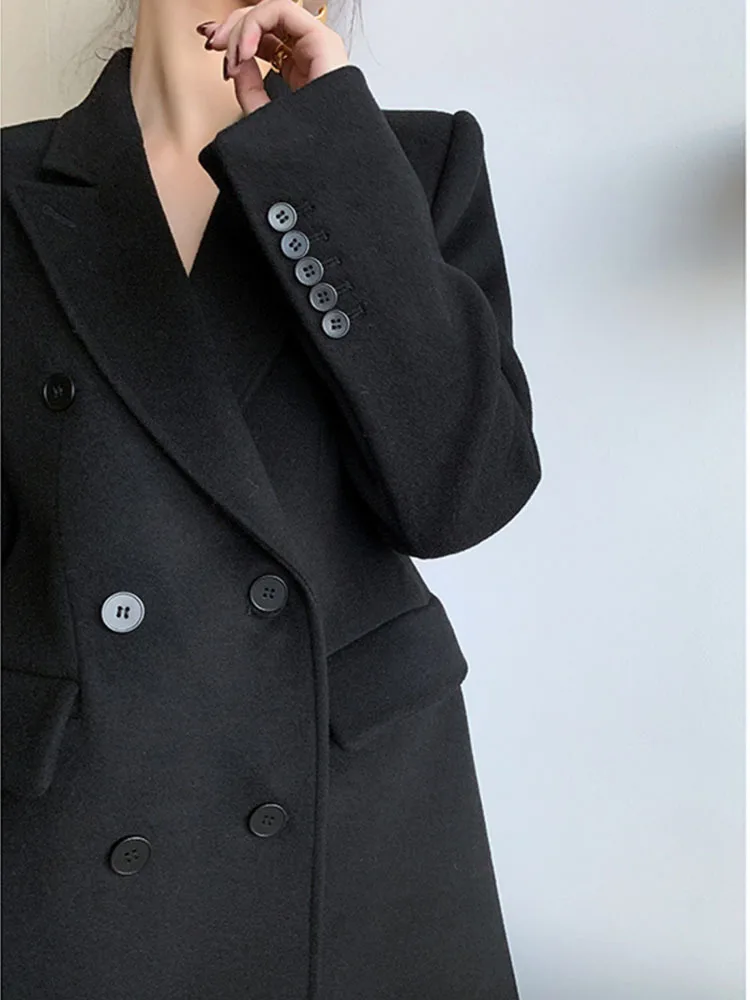 BZVW Office Lady Women Blazer Notched Solid Color Double Breasted Belt Gathered Waist Woolen Coat 2024 New Clothing 25X3730