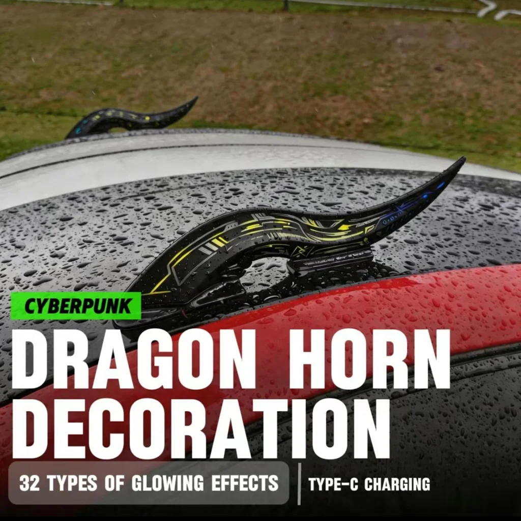 1Pair Universal Dragon Horn Car Roof Decoration Fins, 32 LED Light Modes, Touch Control Dimmable, 1500mAh Type-C Rechargeable