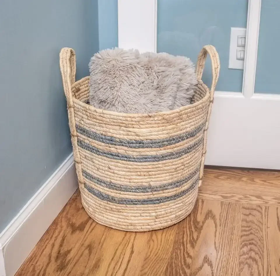 Natural Maize Colored Stripe Basket, Blue Gray, Large  Woven Basket Laundry Basket