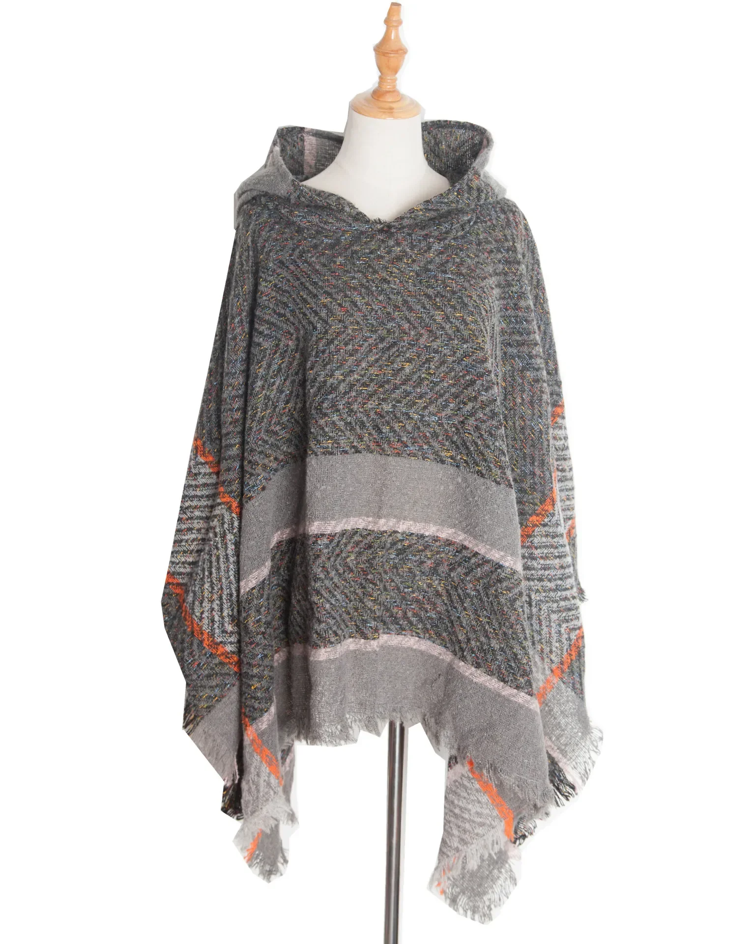 New Autumn Winter Fishbone Pattern Women's Hooded Cape Pullover Cape Women Poncho Lady Capes Gray Cloaks P8