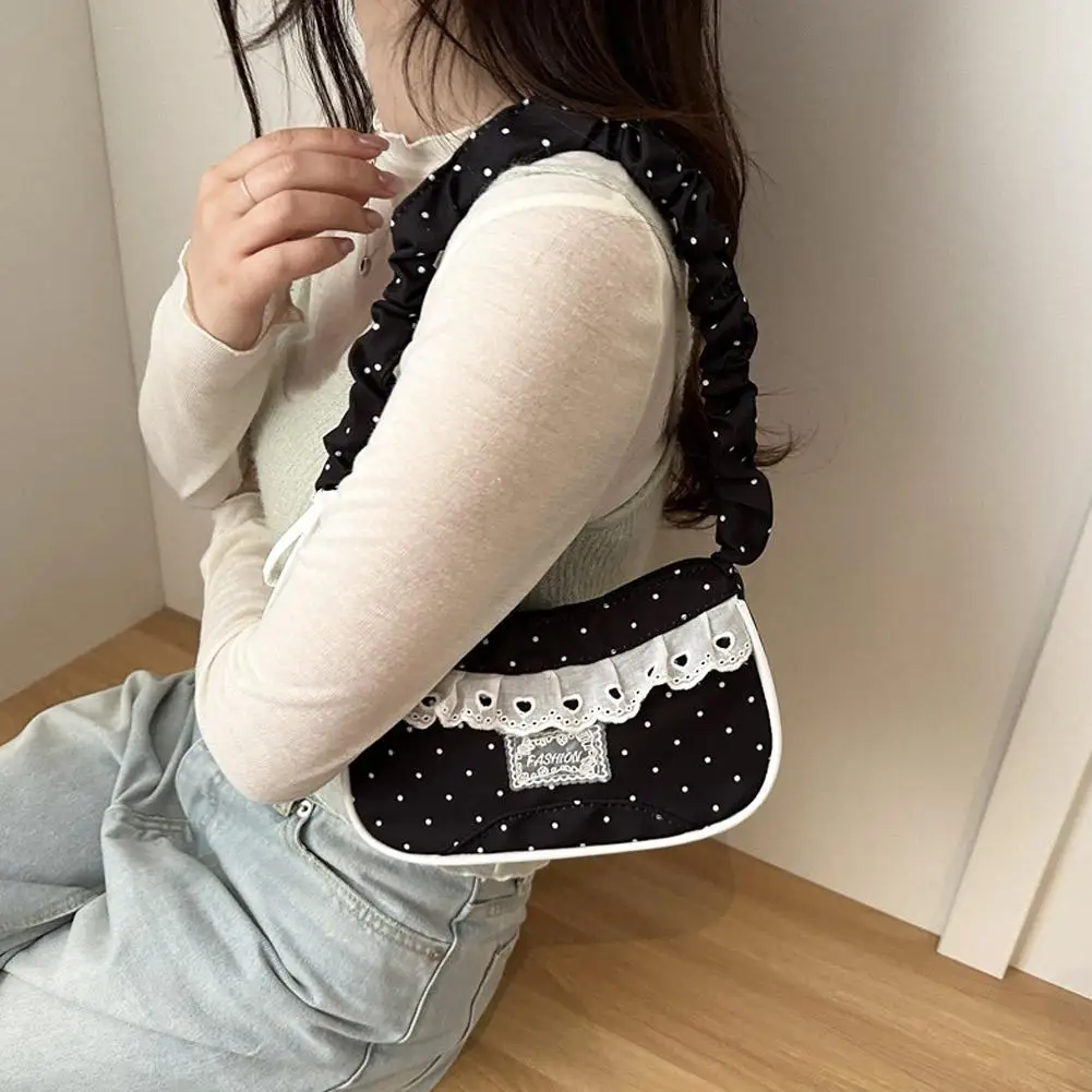 Niedliche Spitzen-Schultertasche mit Tupfenmuster, Süße Unterarmtasche mit Schleife, Y2k Mode, Lässige Schultertasche, Umhängetasche – Detail 32