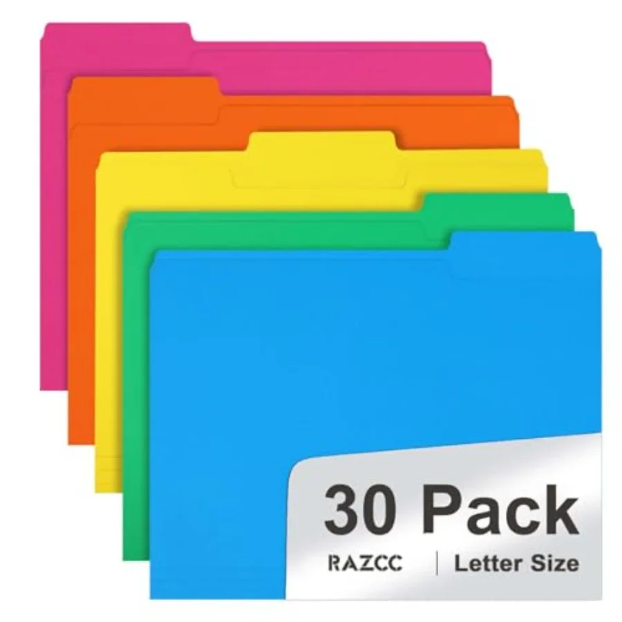 

File Folder, 30 Pack 1/3 Cut Tab Colored File Folders, File Folder Letter Size for Office Classroom Use, Assorted 5 Colors Fold