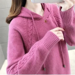 Korean Autumn Winter Women Knitwear New Add Velvet/No Velvet Female Pullover Loose Hooded Sweater Femme Pullovers Knitting Coats