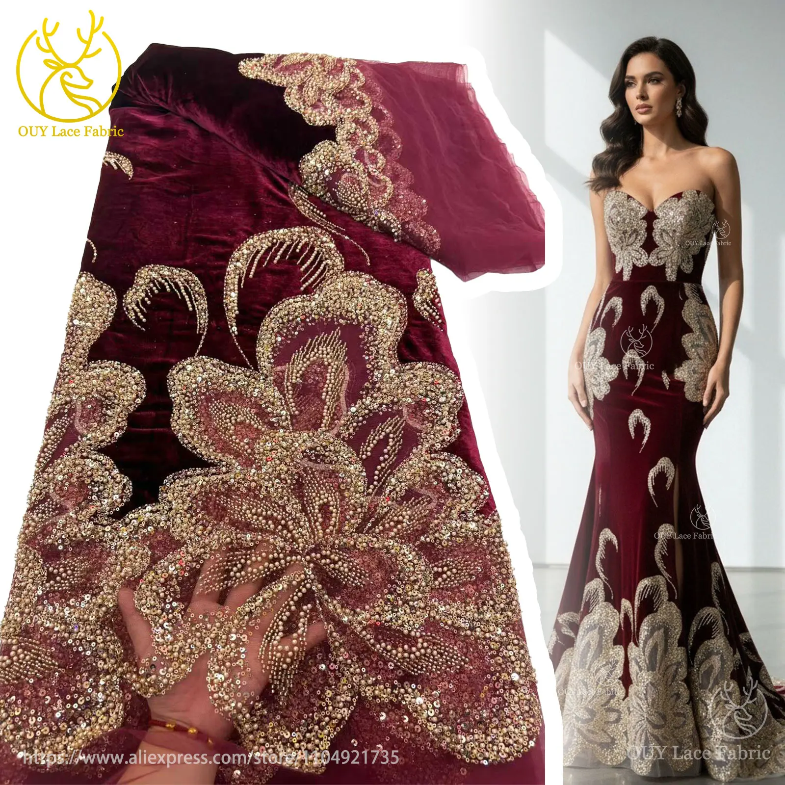 

Luxury African Velvet Gold Beaded Sequin Lace Fabric 2025 Wine Red Groom Embroidery Fabric French Ladies Evening Dress Sewing