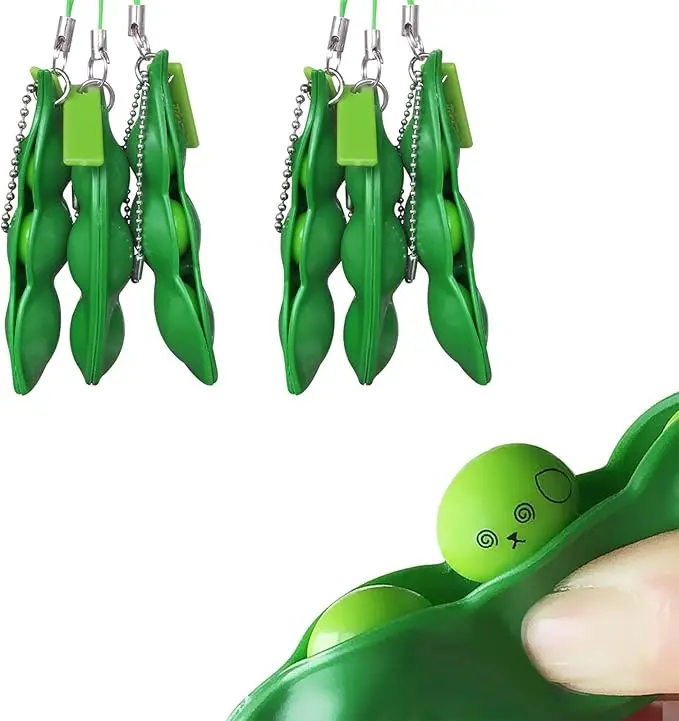 Paquete de 3 Llaveros Antiestrés de Edamame, Puchi Puti Mugen Pea, Regalo para Aliviar el Estrés