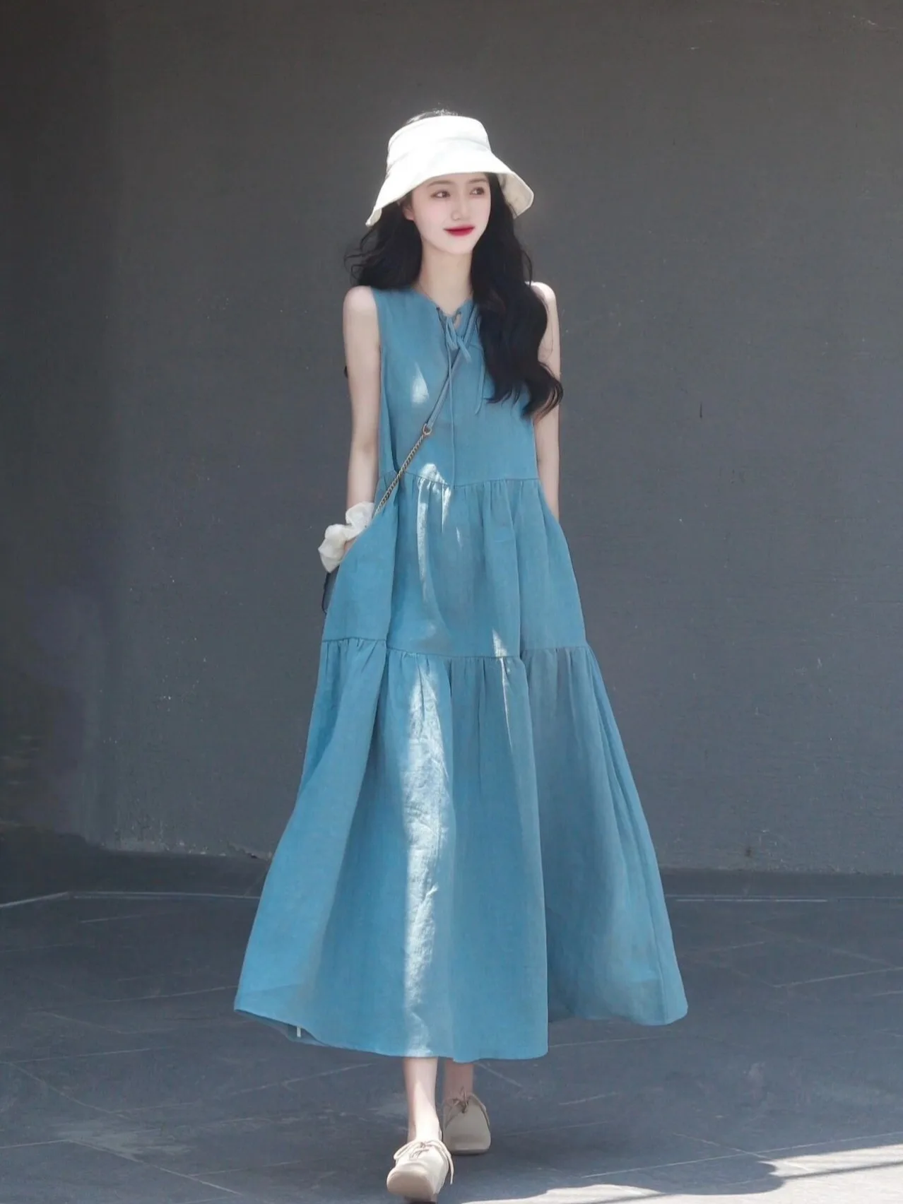 Summer Thin Cotton Linen Svel Vest Dr Women Color Youthful Slimming Lace Hem Large Swing A-Line Linen Dr-image