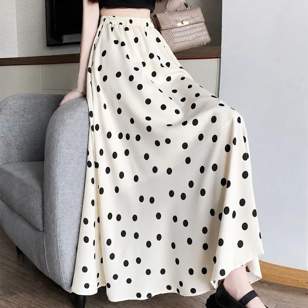 Fashion Polka Dot Polka Dot Maxi Skirt Lightweight High Waist Women Long Skirt A Line Elastic Waist A Line Skirt Casual Wear