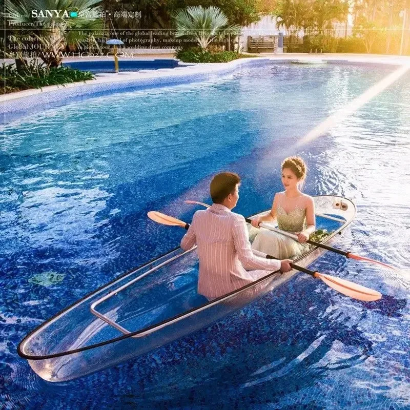 Commercial Transparent Canoe Crystal Kayak, Clear PVC Boat with LED Lights & Air Bags, Anti-UV Explosion-Proof Clear Kayak for R
