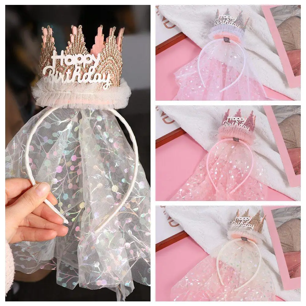 Korean Style Crown Gauze Headband Headwear Hair Accessories Happy Birthday Hairband Headdress Party Props Crown Hairband Baby