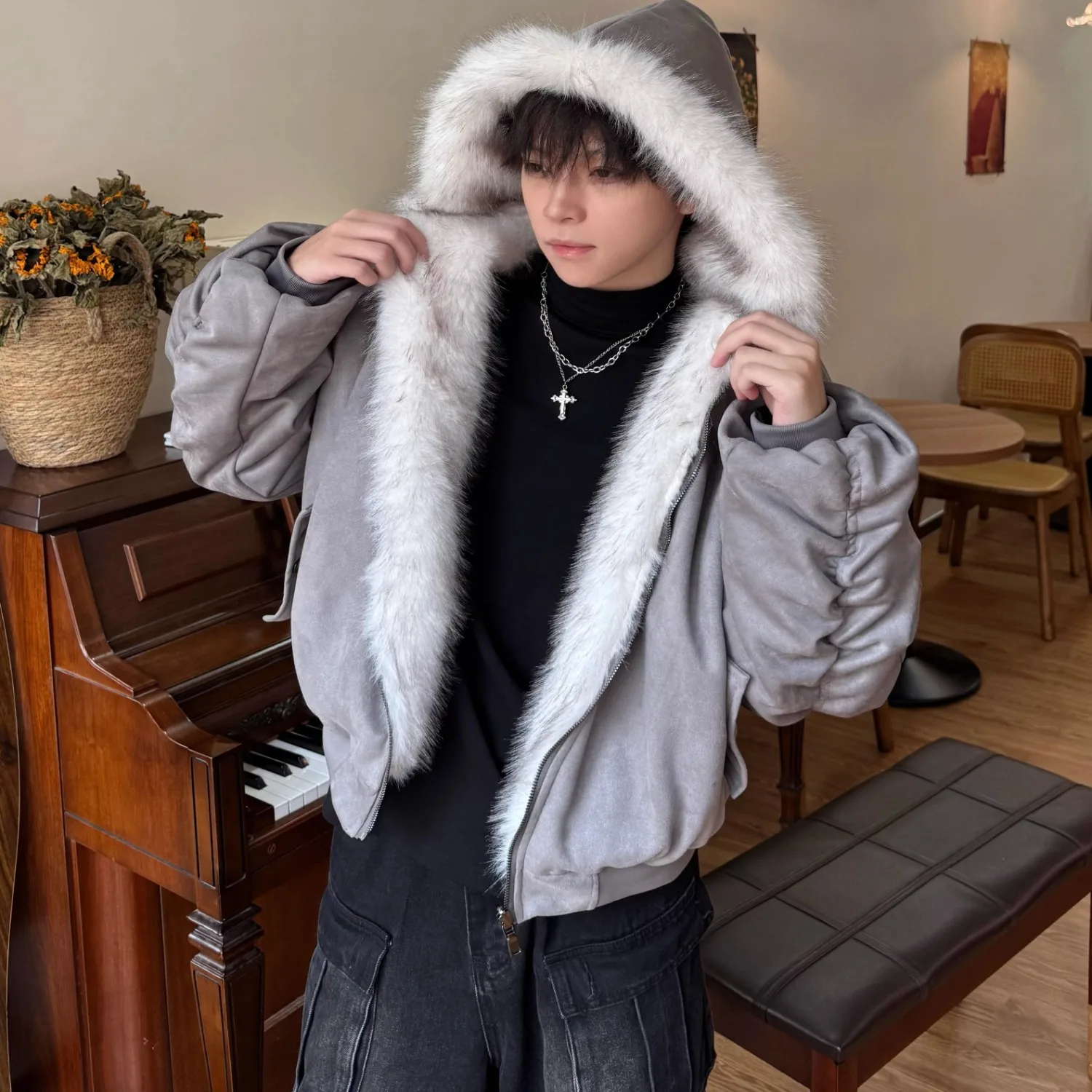 

Утепленная мужская хлопковая куртка большого размера, двусторонняя, из замши и вельвета, свободного кроя, с меховым воротником, для осени и зимы