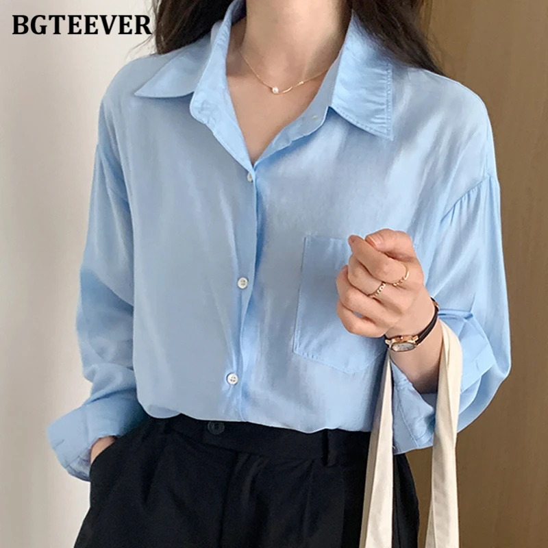 BGTEEVER Casual Full Sleeve Loose Women Blouses Tops Summer Turn-down Collar Pocket Ladies Cotton Shirts Basic