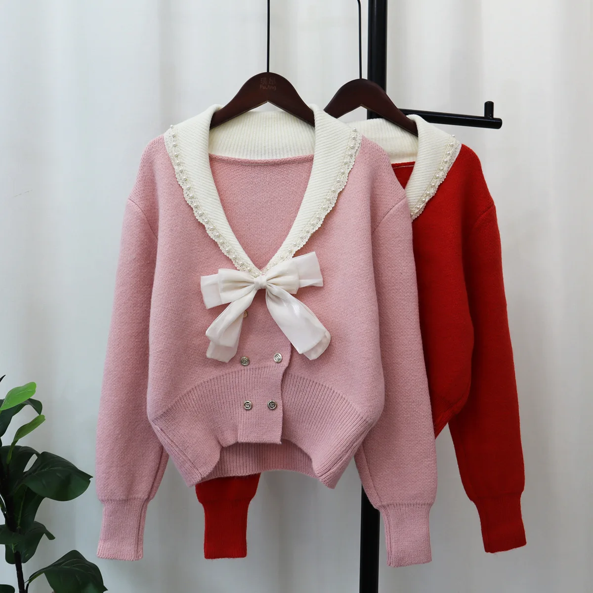 Hsa Korean Autumn Winter Double Breasted V Neck Bow Knitted Sweater Coat Chic Women Manual Diamonds Ribbon Bow Cardigans