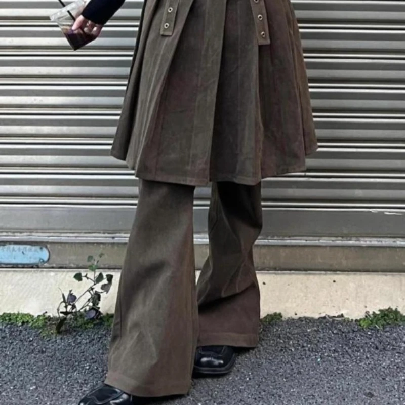 Zweiteilige Retro-Jeansrockhose aus Kunstleder für Damen, lässig und locker, schlankmachend und mit einem A-Linien-Design mit weitem Bein und ausgestelltem Design.