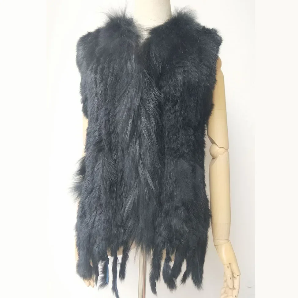 Natural Real Rabbit Fur Knitted Vest With Tassel Genuine Fur Warm Sleeveless Women Fur Gilet With Real Raccoon