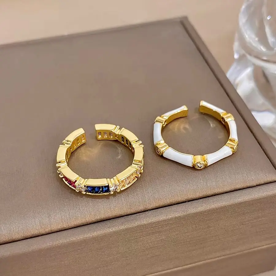 Bohemian Colorful Zircon Enamel Open Ring for Women Vintage Copper Metal Golden Geometric Adjustable Ring Banquet Jewelry Gift