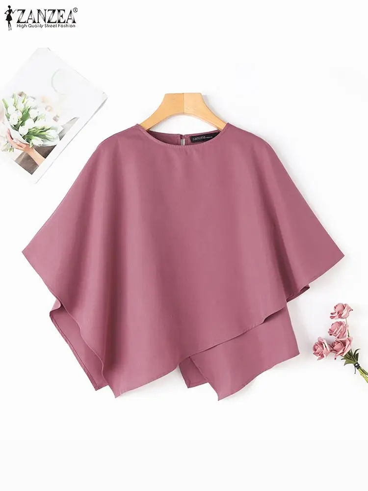 ZANZEA Women Blouse 2024 Summer Round Neck Blusa Fashion Casual 3/4 Sleeve Ruffle Hem Shirt Elegant Loose Irregular Work Tunic