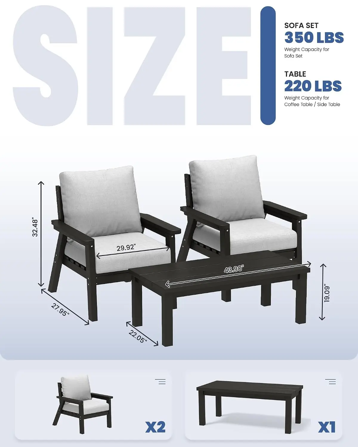 HDPE Outdoor Patio Furniture Set, 3PCS, Black Frame/Gray Cushion, Customized