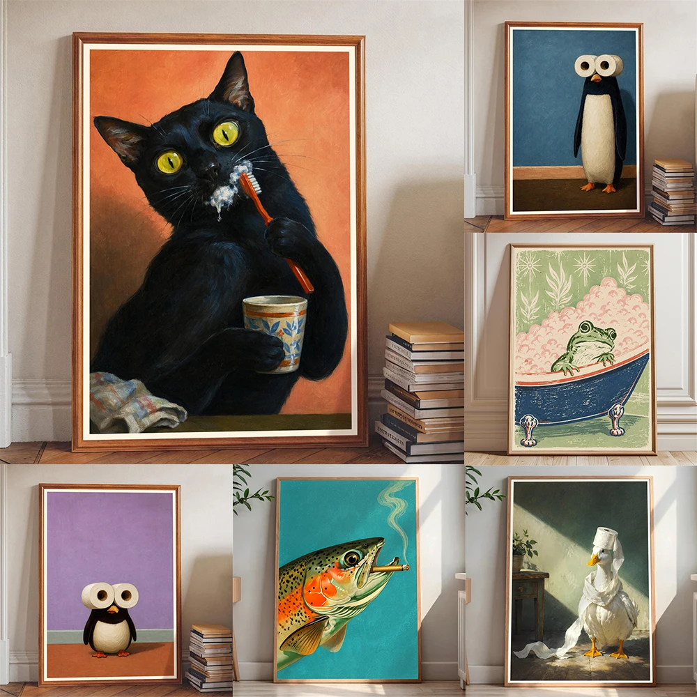 Funny Duck Toilet Paper Print Whimsical Bathroom Wall Art Poster Humorous Animal Decor Funny Penguin Toilet Paper Print
